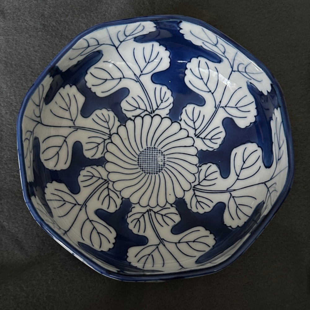 Japanese Porcelain Bowl Vintage Blue White Sometsuke Chrysanthemum